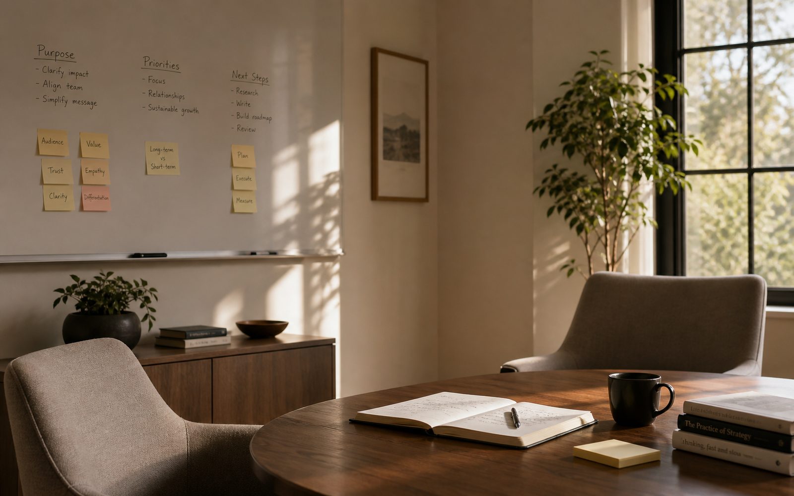 A quiet meeting space with notes, light, and a sense of focused conversation