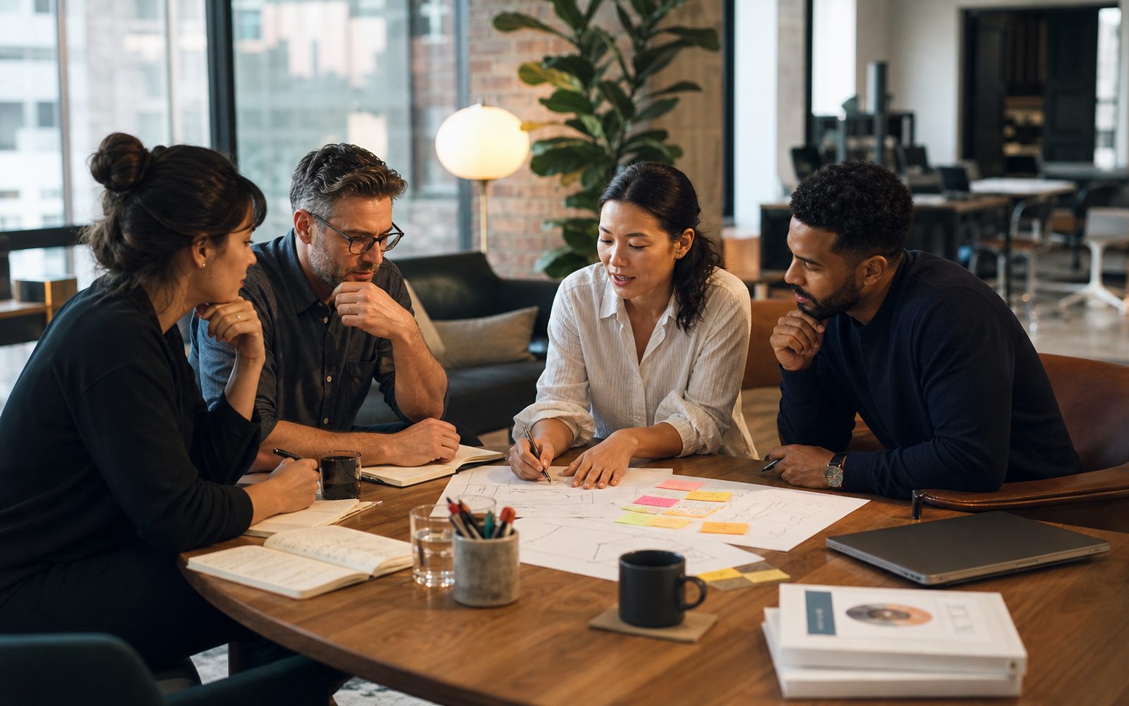 A group of professionals reviewing what they've learned after a training session.