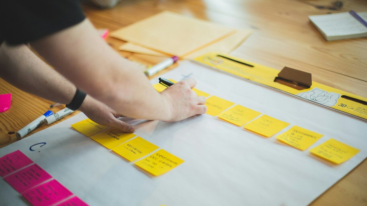 Hands arranging yellow sticky notes across a worksheet on a table