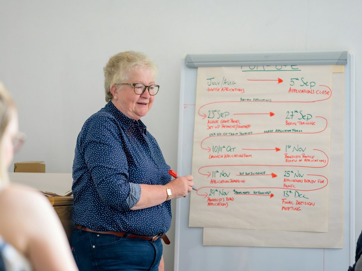 A facilitator at a flipchart, talking a group through a marked-up project timeline